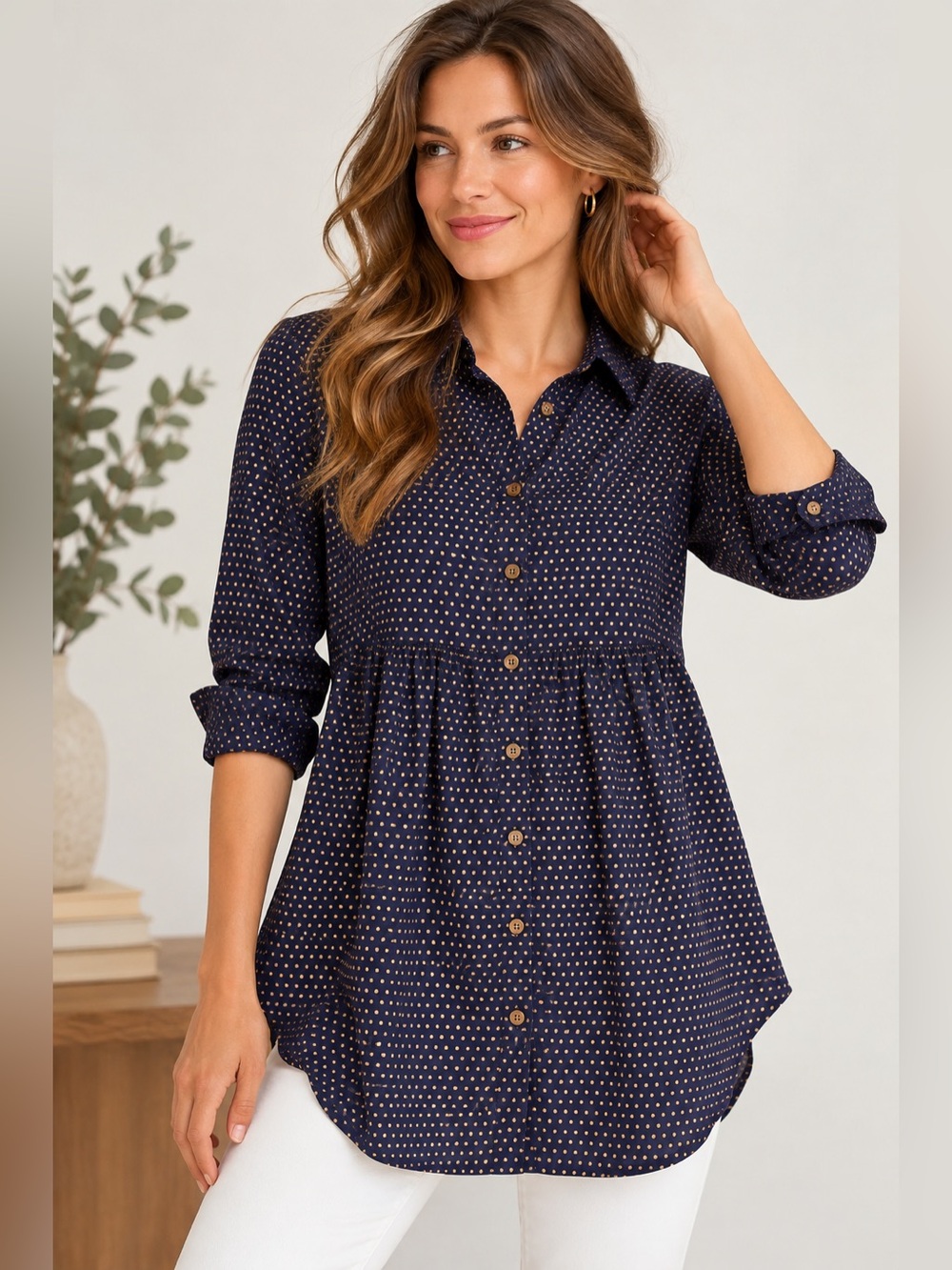 Anthropologie Maeve Aled Navy Gold Polka Dot Tunic Shirt Size Small